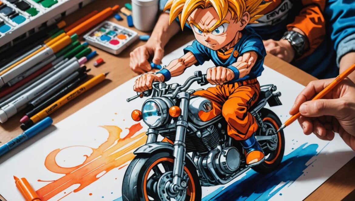 Toriyama y su dibujo favorito: la escena más íntima de Dragon Ball A well-lit editorial photo of a detailed illustration on a drawing table, showing an artist's hand holding a brush over a vibrant watercolor of Goku and Gohan riding a futuristic motorcycle. The workspace is filled with manga pages, markers, and retro gaming elements, evoking nostalgia and creativity. Main subject—the artwork—centered and in sharp focus, with soft natural lighting highlighting textures.