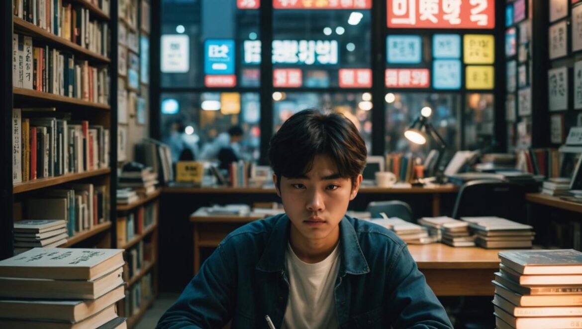 Educación en Corea del Sur: ¿Obsesión o camino al colapso? A South Korean student, visibly tired but determined, sitting at a desk surrounded by textbooks, notebooks, and a digital tablet, photorealistic editorial style, evening mood with warm indoor lighting; background shows the window to a bustling Seoul street filled with neon hagwon signs. Main subject centered and in sharp focus.