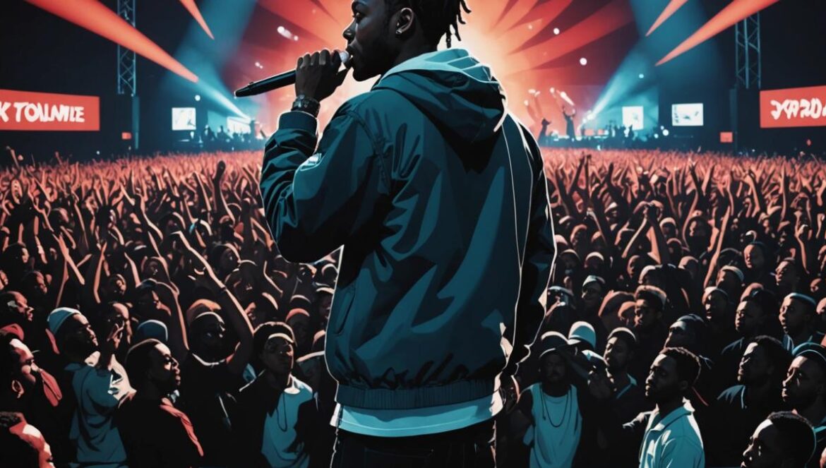 Kendrick Lamar incendia Toronto con SZA: del beef con Drake a un concierto histórico que convirtió la Grand National Tour en catarsis colectiva Kendrick Lamar performing on stage in Toronto, photorealistic editorial style, the artist at the center under dramatic lights, crowd in tour merch cheering, bold stage visuals with urban and psychedelic details, high-energy concert vibe, sharp focus on Kendrick with a visible backdrop of digital screens and subtle references to rap culture.