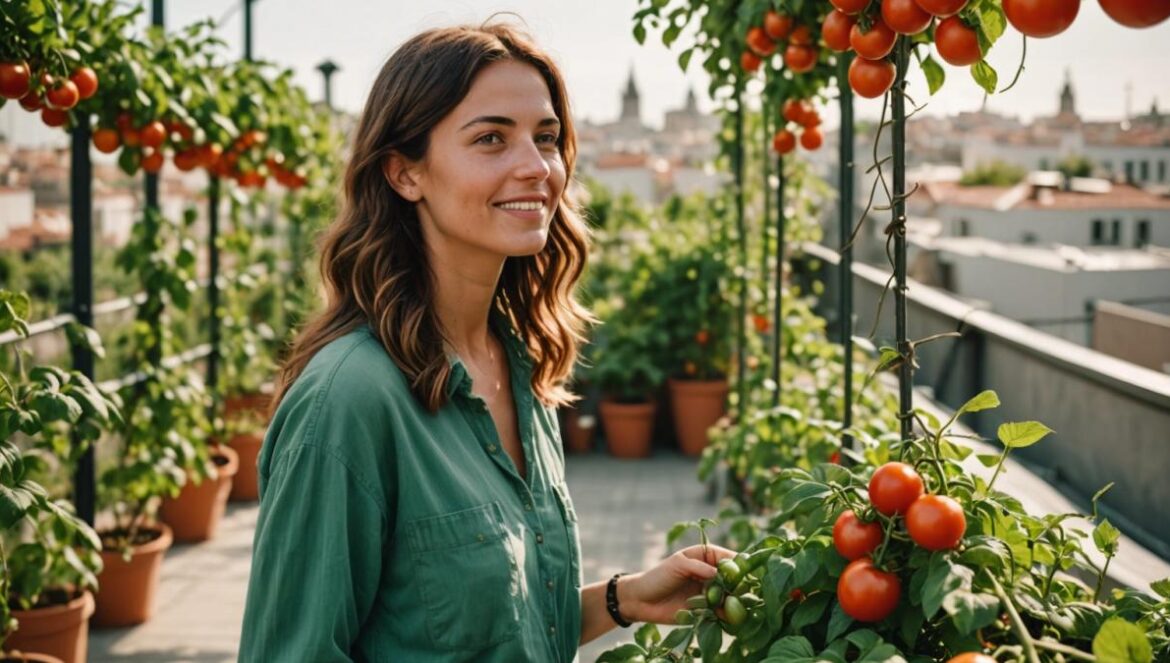 A modern urban rooftop garden in Spain with vibrant tomato plants trained along horizontal wires attached to a stylish pergola, photorealistic editorial style, warm afternoon sunlight, lush green leaves and ripe red tomatoes at eye level, young woman gardener checking the fruits with a smile, main subject centered and in sharp focus, clean cityscape background.