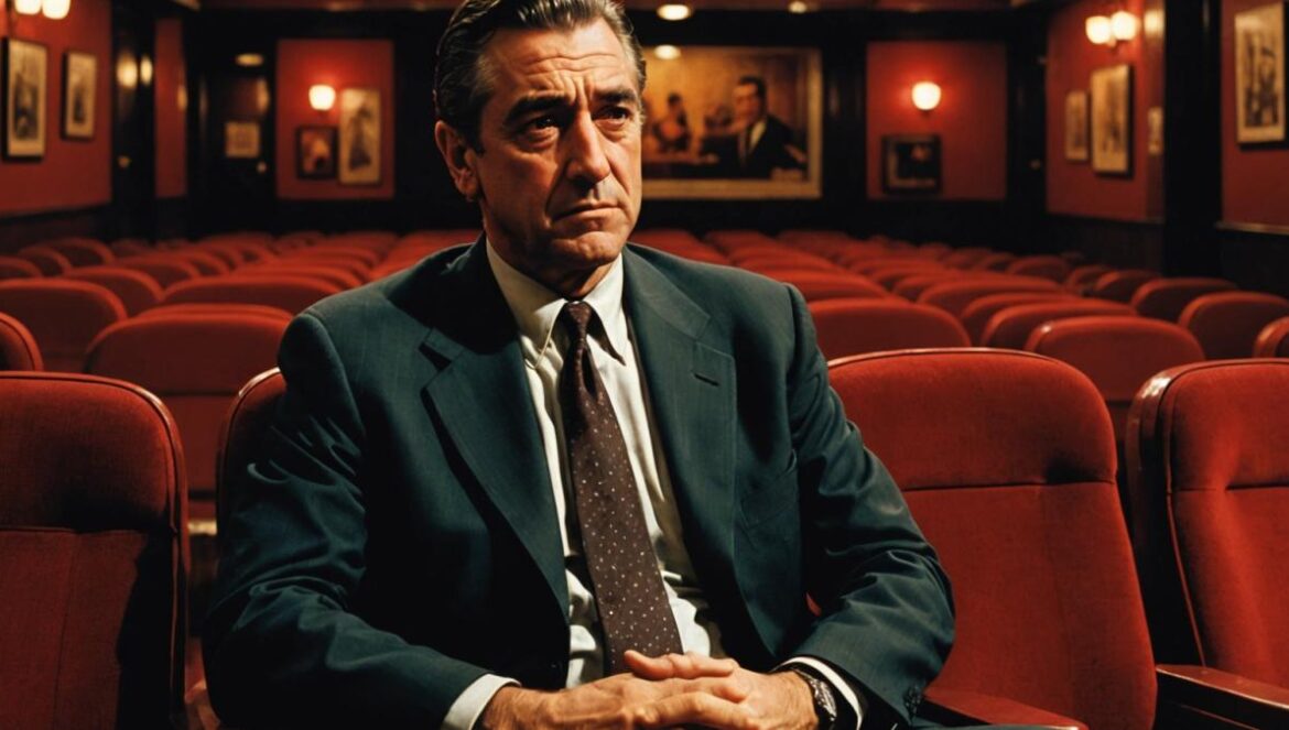 Robert De Niro, mature and contemplative, sitting alone in a classic New York cinema row with empty red velvet seats, photorealistic editorial style, soft moody lighting, vintage movie posters on the wall featuring 'A Bronx Tale', main subject (De Niro) well-centered and in sharp focus, reflective atmosphere.