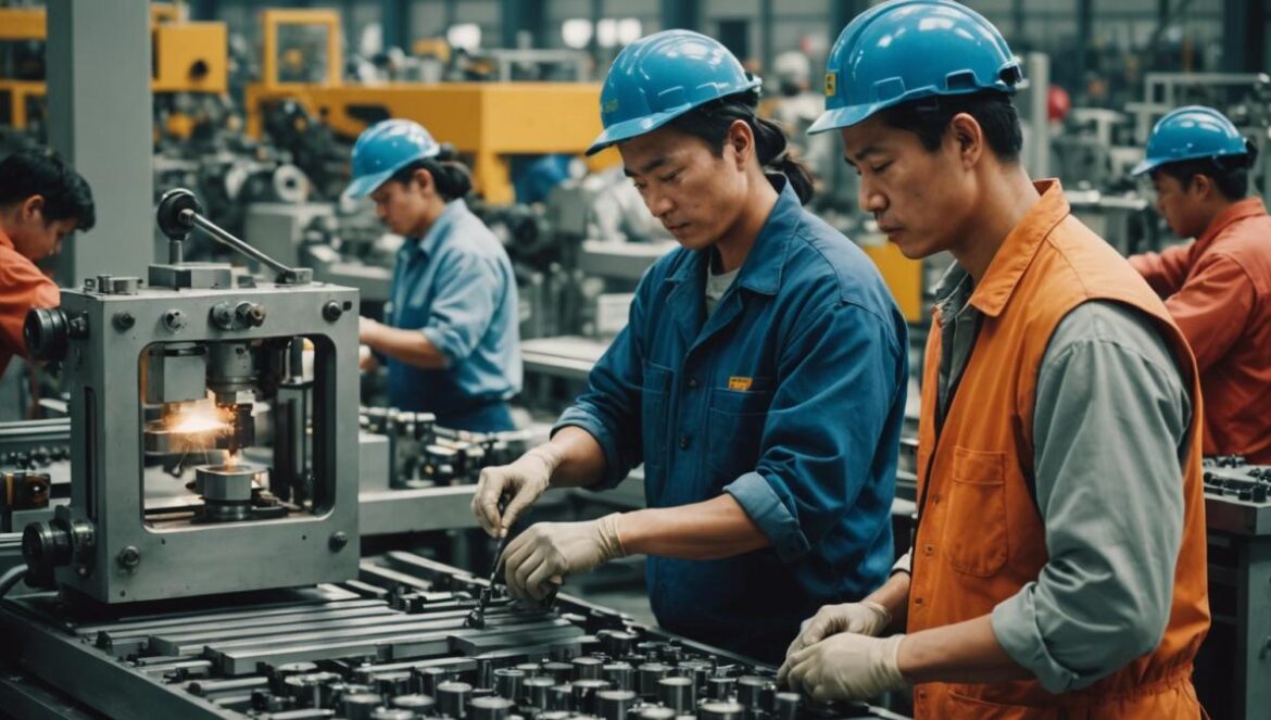 China mueve sus fábricas de México a Brasil y Serbia (y no es por lo que crees) A busy modern industrial factory with Chinese and Mexican workers collaborating on assembly lines, photorealistic editorial style, bright natural lighting, main subjects well-centered and in focus, visible bilingual signage, subtle hints of relocation (boxes marked Brazil/Serbia), clean machinery and digital displays in the background.
