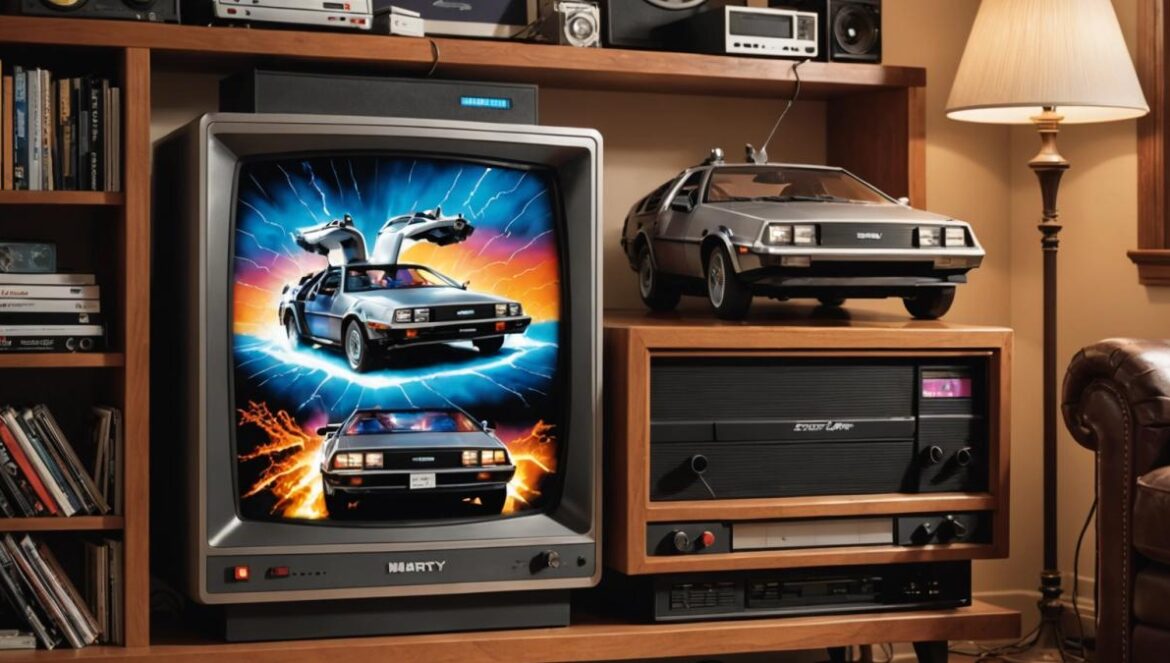Regreso al futuro: ¿Por qué sigue hechizándonos 40 años después? A close-up of a vintage television set in a cozy living room, displaying a paused scene from 'Back to the Future' with Marty McFly and Doc Brown standing next to the DeLorean. Photorealistic editorial style, warm nostalgic lighting, classic movie posters on the wall, shelves filled with VHS tapes and vinyl records. The TV and its content are clearly centered and in sharp focus, evoking the irresistible urge to keep watching.