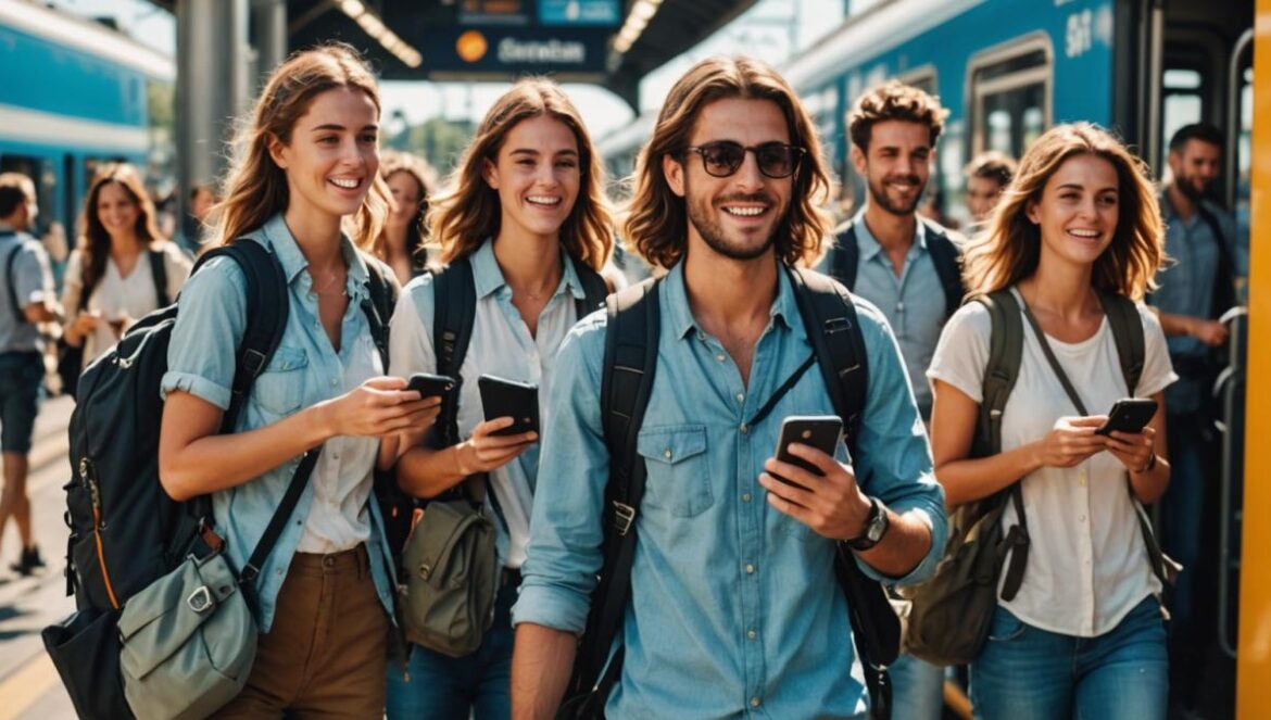 Verano Joven 2025: descuentos épicos… y multas de hasta 750 € si lo usas mal A group of stylish young adults with backpacks excitedly boarding a modern train at a sunlit Spanish station, photorealistic editorial style, vibrant summer mood, visible travel documents and smartphones in hand, main group well-centered and sharply focused, clean, dynamic background with train and signage referencing 'Verano Joven'.