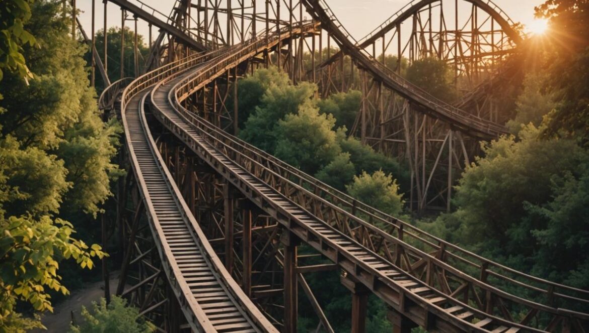 El Magnus Colossus: el sueño de parque que terminó siendo ruina y escándalo A massive wooden roller coaster, Magnus Colossus, abandoned and overgrown, at sunset in Terra Mítica theme park, photorealistic editorial style, eerie atmosphere with dramatic lighting, the structure's aged wood sharply in focus at center, faded park banners and a distant empty plaza hinting at lost glory.