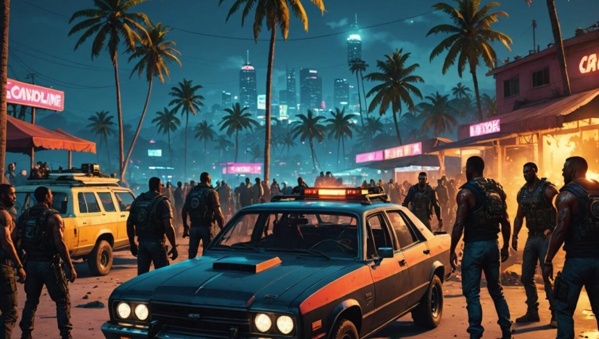 Cayo Perico se convierte en territorio zombie: el evento más loco de GTA Online A chaotic night scene at Cayo Perico from GTA Online, photorealistic editorial style, a group of diverse players facing off against unique zombie types including skeletal conquistadors and festival-goers, eerie neon lighting, damaged vehicles and tropical palm trees in the background, vibrant but tense atmosphere, main action centered and sharp focus on player team surrounded by undead.