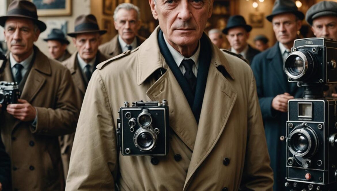 Jean Gabin: El actor “intocable” que dividió a la Francia del cine clásico A well-dressed, older French actor on a 1950s Paris film set, surrounded by vintage cameras and crew, tense atmosphere, photorealistic editorial style, soft morning light, details like classic trench coat and cigarettes, main subject centered and sharply in focus against blurred background of old studio equipment.