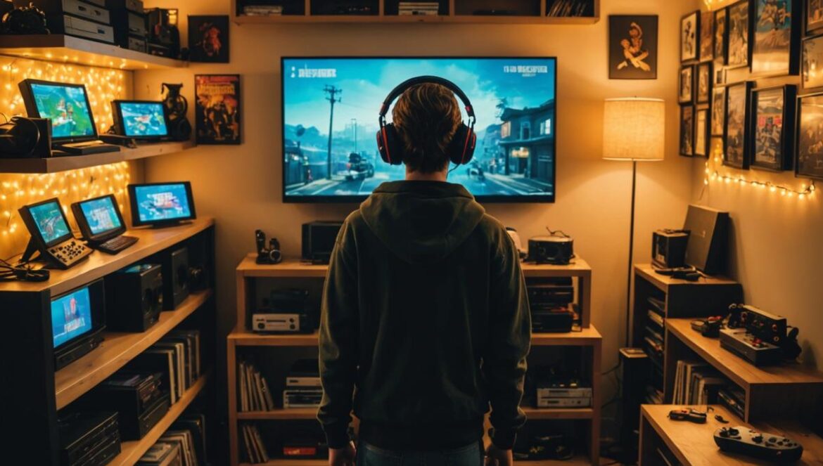 ¿Rockstar en Switch 2? La movida secreta que revive clásicos legendarios A photorealistic editorial-style image showing a young gamer in his apartment, surrounded by retro and modern consoles, playing Nintendo Switch 2 with the screen displaying a Rockstar Games title like Grand Theft Auto or Red Dead Redemption. The room is vibrant with shelves full of game cartridges, posters of Rockstar classics, and soft natural lighting. The main subject (the gamer) is centered, in sharp focus, looking excited and immersed in play. Clean background with subtle gaming paraphernalia.