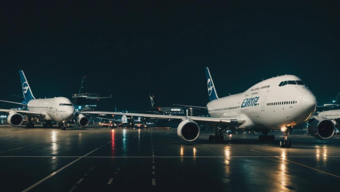 Nueve aviones por una fractura: el ex-emir de Catar y la paradoja del lujo extremo A fleet of nine luxurious private Boeing 747 jets lined up on the tarmac at Zurich airport at night, with sleek black cars and uniformed staff preparing for arrival, photorealistic editorial style, dramatic evening lighting, main aircraft clearly centered and in sharp focus, the airport environment visible but unobtrusive.