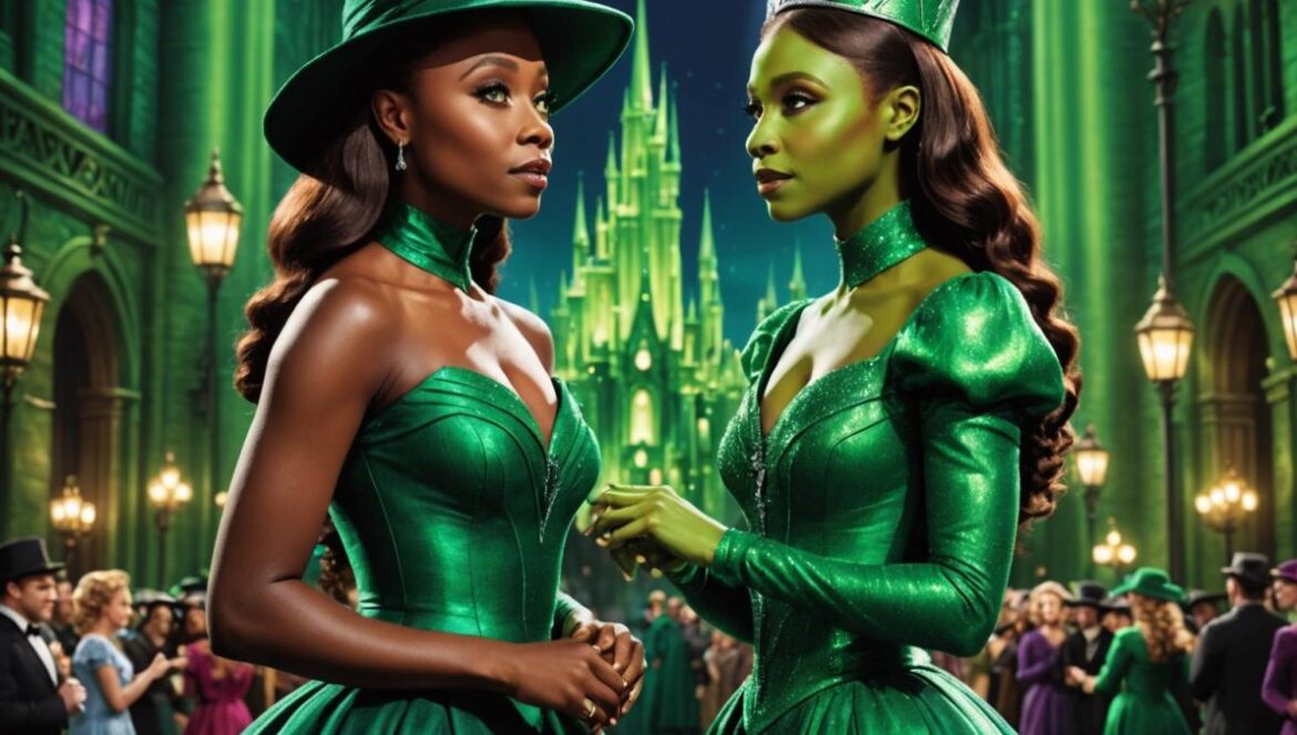 Wicked: For Good, la secuela que transforma Oz en un espejo del mundo actual Cynthia Erivo and Ariana Grande in full Elphaba and Glinda costumes, standing face-to-face on an emerald-green set inspired by Oz, photorealistic editorial style, vibrant theatrical lighting with spotlights, background shows hints of iconic Oz landmarks, both actresses clearly centered and in sharp focus, dramatic yet hopeful mood.