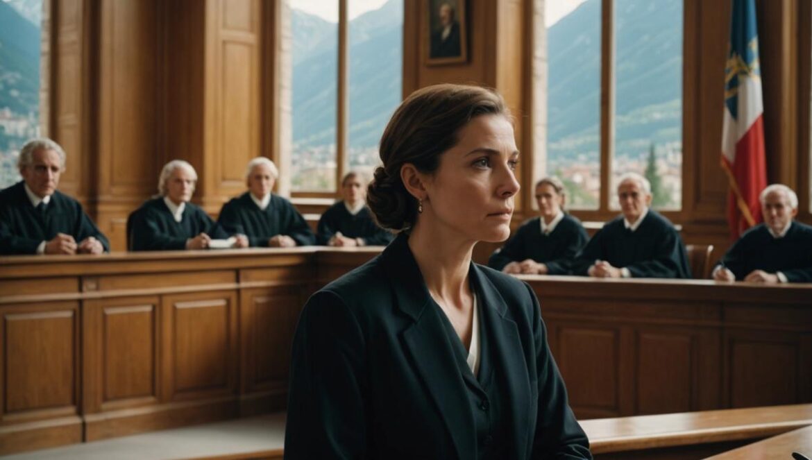 Anatomía de una caída: El thriller que desafía todo lo que creías saber sobre el cine judicial A dramatic courtroom scene set in Grenoble, France, photorealistic editorial style, main female protagonist at the center facing the judge and jury, subtle alpine landscape visible through a large window behind her, intense natural lighting highlighting her thoughtful expression, elegant contemporary courtroom details, focused and sharp image with a clean background.