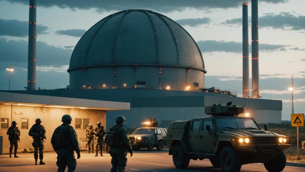 ¿Estamos realmente cerca de un desastre nuclear en Medio Oriente? La amenaza invisible que nadie cuenta A tense military checkpoint near a modern nuclear facility at dusk, photorealistic editorial style, soldiers in combat gear checking vehicles under dramatic skies, the imposing dome of a nuclear reactor centered and in sharp focus, subtle warning signs, slightly anxious atmosphere, clean composition with main subjects well-lit and clearly positioned in the center.