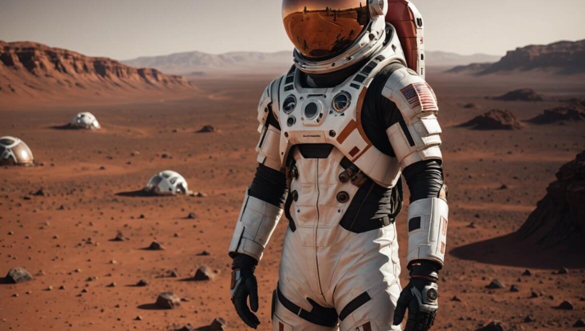 Elon Musk promete Marte… pero la ciencia insiste en salvar primero la Tierra A photorealistic editorial-style image of a person in a sleek modern spacesuit standing on the barren red surface of Mars, gazing pensively at a small Earth visible in the sky. The atmosphere is stark and cold, with rugged terrain, scattered technological gadgets, and harsh lighting highlighting the inhospitable landscape. The main subject is centered and in sharp focus, conveying isolation and determination.