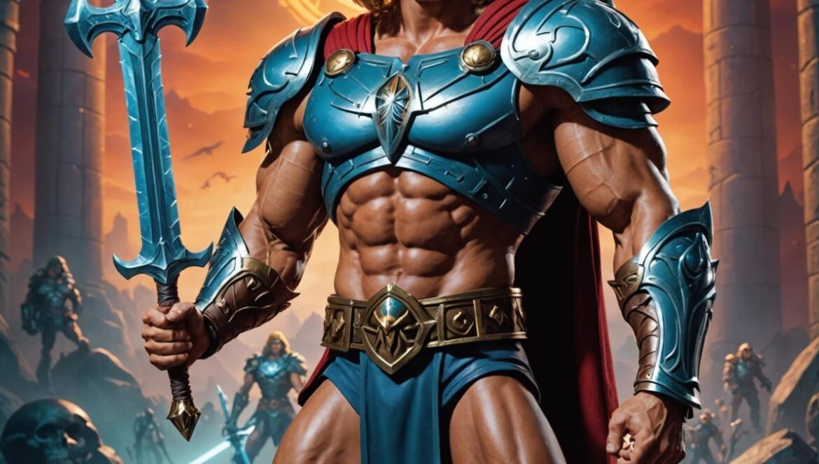 He-Man regresa en 2026 con Nicholas Galitzine y un Skeletor que nadie vio venir Nicholas Galitzine as He-Man, standing heroically with a glowing sword in hand, surrounded by futuristic and mystical elements from Eternia, photorealistic editorial style, cinematic lighting highlighting his muscular physique and costume details, strong and confident expression, center-focused composition with soft background blurring out Skeletor’s shadowy silhouette and iconic elements like Castle Grayskull.