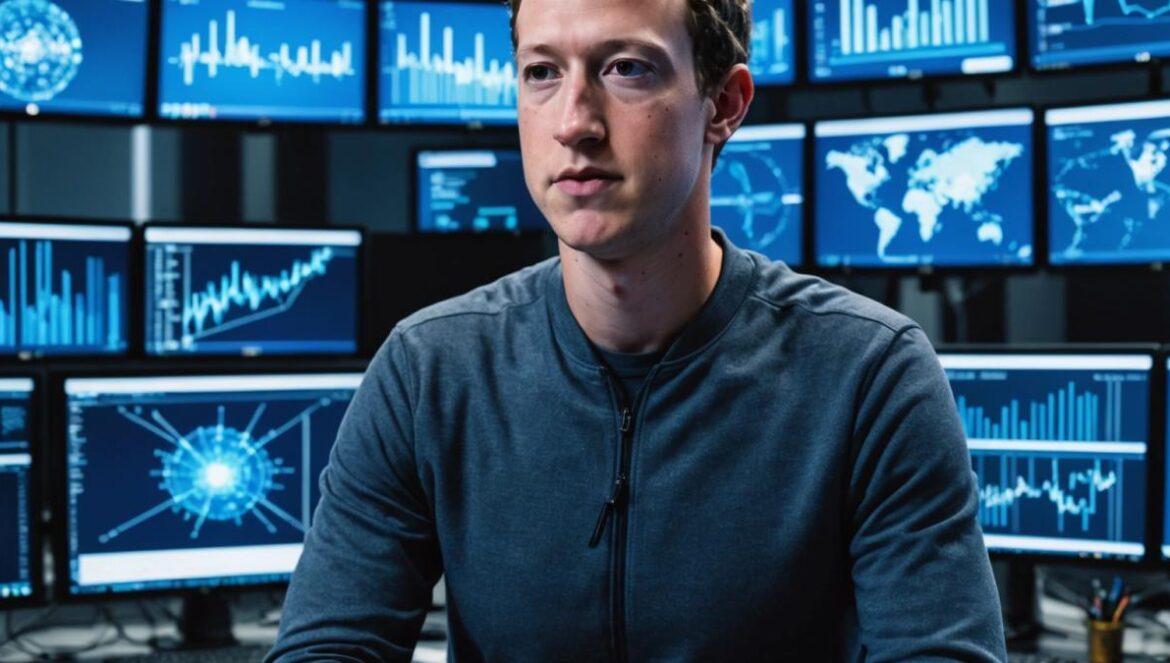 Meta tira la casa por la ventana: fichajes millonarios para dominar la IA Mark Zuckerberg seated at a sleek, modern tech office, facing multiple computer screens displaying AI code and neural network diagrams, photorealistic editorial style, dramatic lighting with a high-tech blue glow, stacks of documents labeled 'Superintelligence Lab', glass walls with cityscape view in the background, Zuckerberg centered and focused, subtle reflections hinting at urgency.