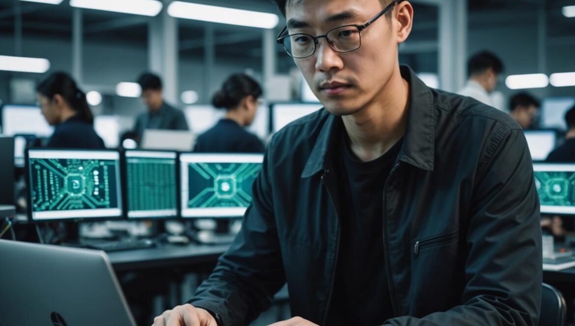 Huawei choca con el techo de los chips: MateBook Fold con Kirin X90 a 7 nm revela el ingenio (y el límite) tras las sanciones de EE. UU. A Chinese tech engineer in a modern workspace, closely examining a sleek foldable laptop with visible microchips, photorealistic editorial style, focused lighting highlighting the engineer’s thoughtful expression and the device’s internals, central composition, futuristic yet tense atmosphere, details of circuit boards and chip manufacturing tools on the desk.