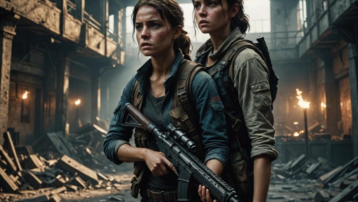 The Last of Us: Parte II, el juego que no quiere que disfrutes… sino que lo sufras A tense moment between two video game characters in a dimly lit, post-apocalyptic theater, photorealistic editorial style, the main subject is a conflicted young woman holding a weapon but hesitating, her face illuminated by dramatic lighting, empty seats and decaying architecture in the background, atmosphere heavy with emotion, center-focused composition with sharp focus on the protagonist's expression.