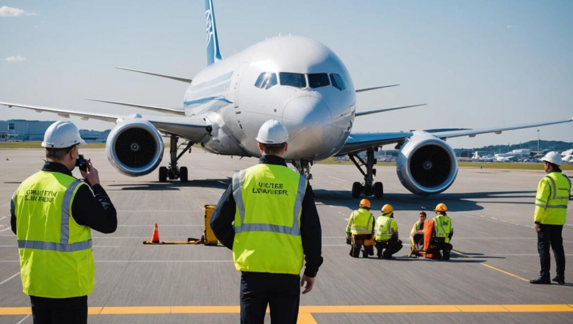 El Boeing rechazado por 2 metros: ¿error humano o norma necesaria? A modern Boeing 787-9 Dreamliner on a runway, blocked by airport ground staff holding up a large measuring tape showing the plane is just too long. Editorial photorealistic style, clear sunny day at a European airport, main aircraft centered and in sharp focus, realistic airport background with terminal buildings visible, serious but professional atmosphere.