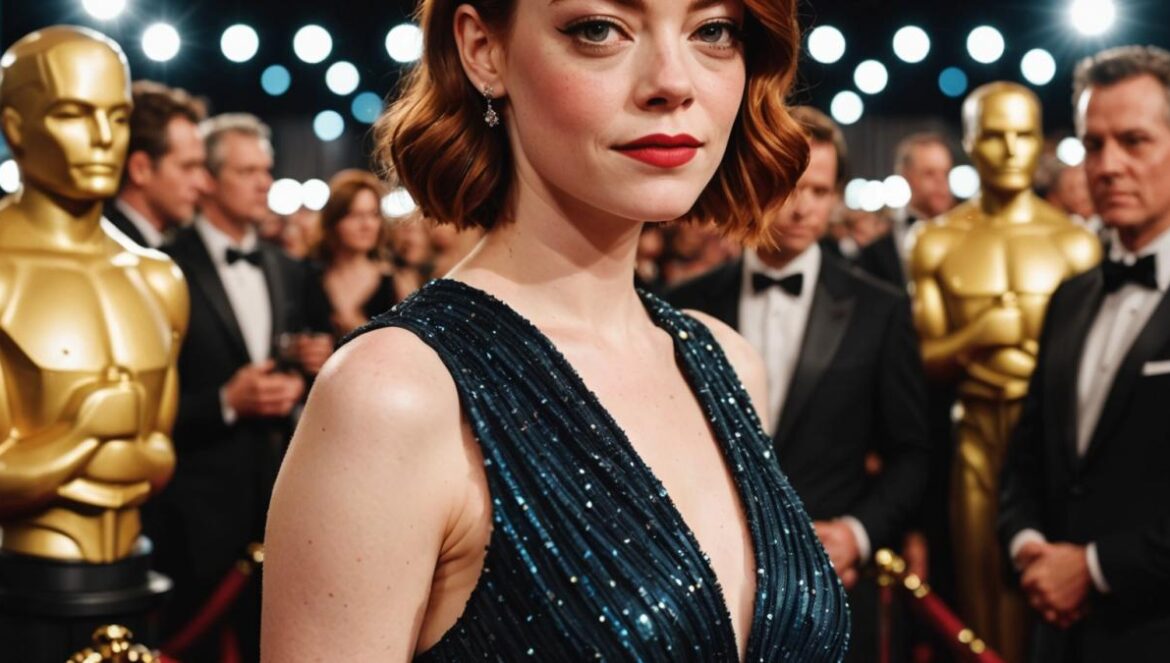 Emma Stone ya tiene 2 Oscars (y solo 35 años) Emma Stone at a glamorous film festival, photorealistic editorial style, standing confidently with two Oscars in hand, elegant evening dress, bright spotlights and red carpet in the background, lively atmosphere with photographers and fans, main subject perfectly centered and sharply focused, professional lighting.