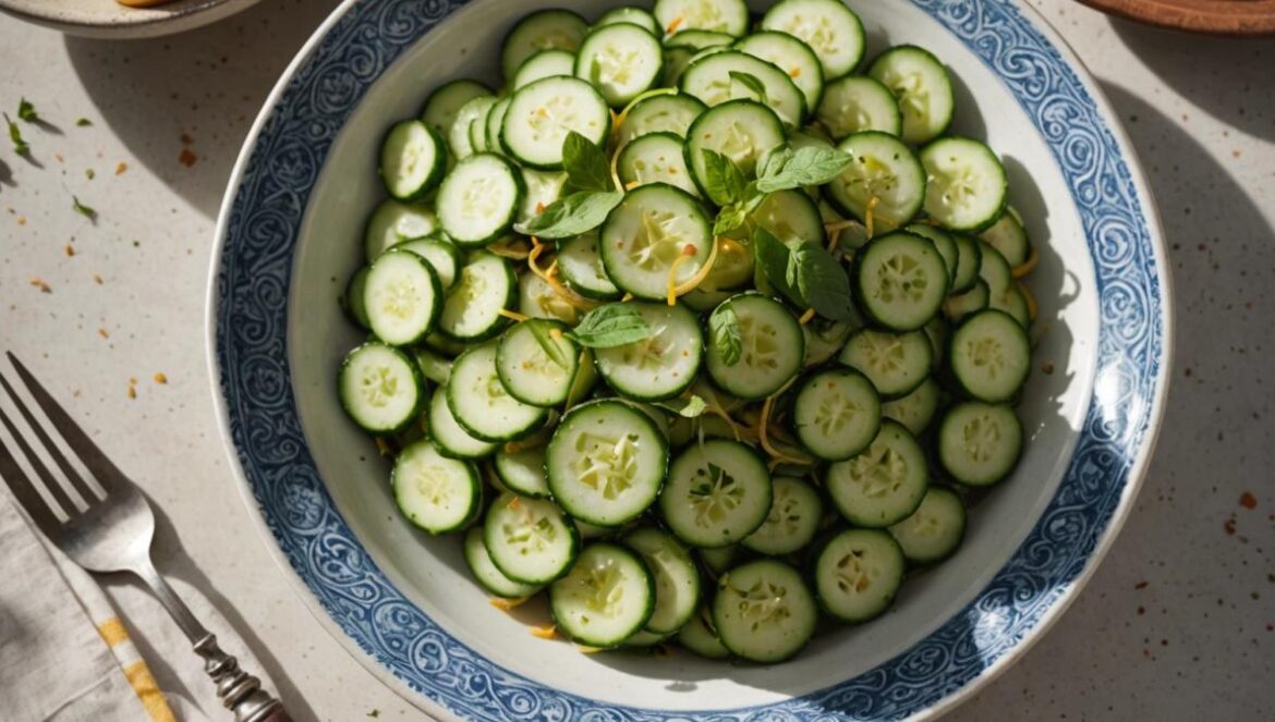 Ensalada de pepino saludable: el giro andaluz que te hará olvidar las típicas recetas A photorealistic editorial-style image of a vibrant Andalusian-inspired cucumber salad, beautifully plated in a sunlit kitchen with rustic tiles, fresh herbs, olive oil bottle, and local produce visible. Centered on the table is the salad in a ceramic bowl, garnished with mint and citrus zest. The mood is fresh and inviting, midday natural light highlights textures. Main subject (the salad) is sharply focused and centrally positioned.