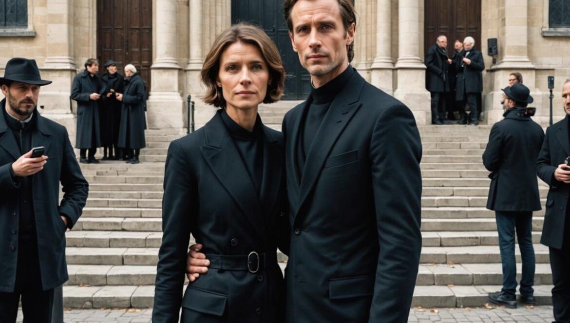 Sophie Davant y William Leymergie: el adiós que revela la fuerza de la amistad en la cultura francesa Sophie Davant and William Leymergie standing arm in arm outside the historic Saint-Germain-des-Prés church in Paris, both dressed in elegant black attire, surrounded by subtle media presence and mourners, photorealistic editorial style, soft natural morning light, the iconic church entrance clearly centered and in sharp focus, with discreet emotional expressions capturing solidarity and respect.