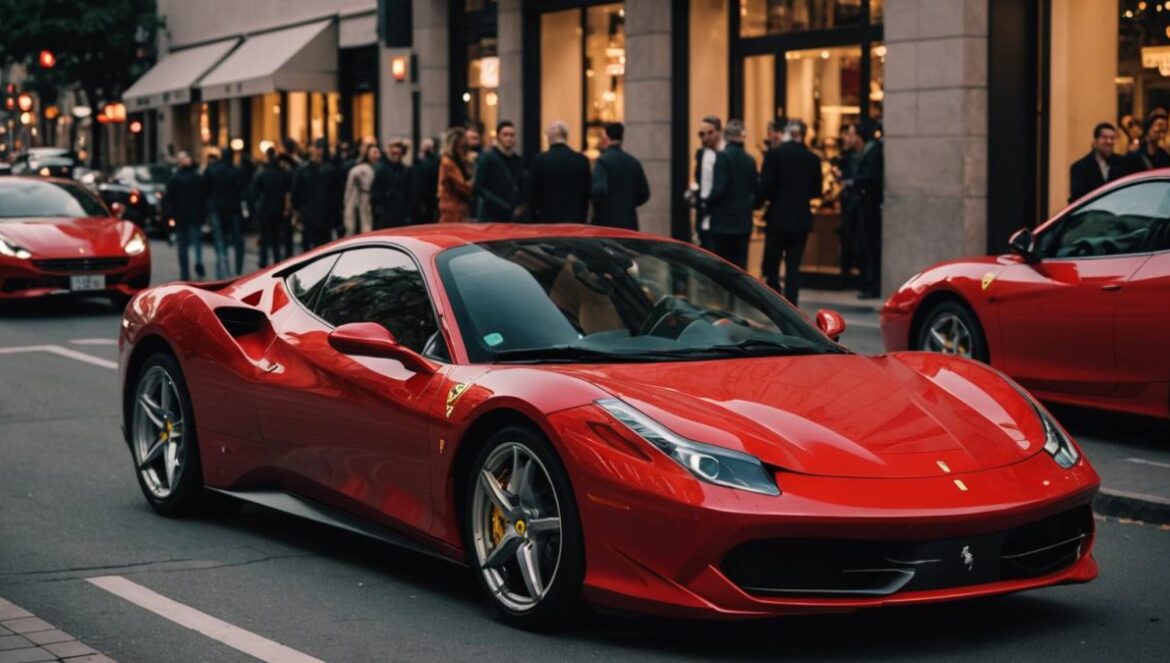 Ferrari frena su salto eléctrico: la emoción sigue oliendo a gasolina A luxurious, red Ferrari sports car parked in an upscale city street at dusk, surrounded by curious onlookers. Photorealistic editorial style, main subject is the Ferrari sharply centered and in focus, city lights reflecting on its polished surface, a subtle hint of modern electric charging stations in the background. Vibrant atmosphere with sleek design details, clean urban environment.