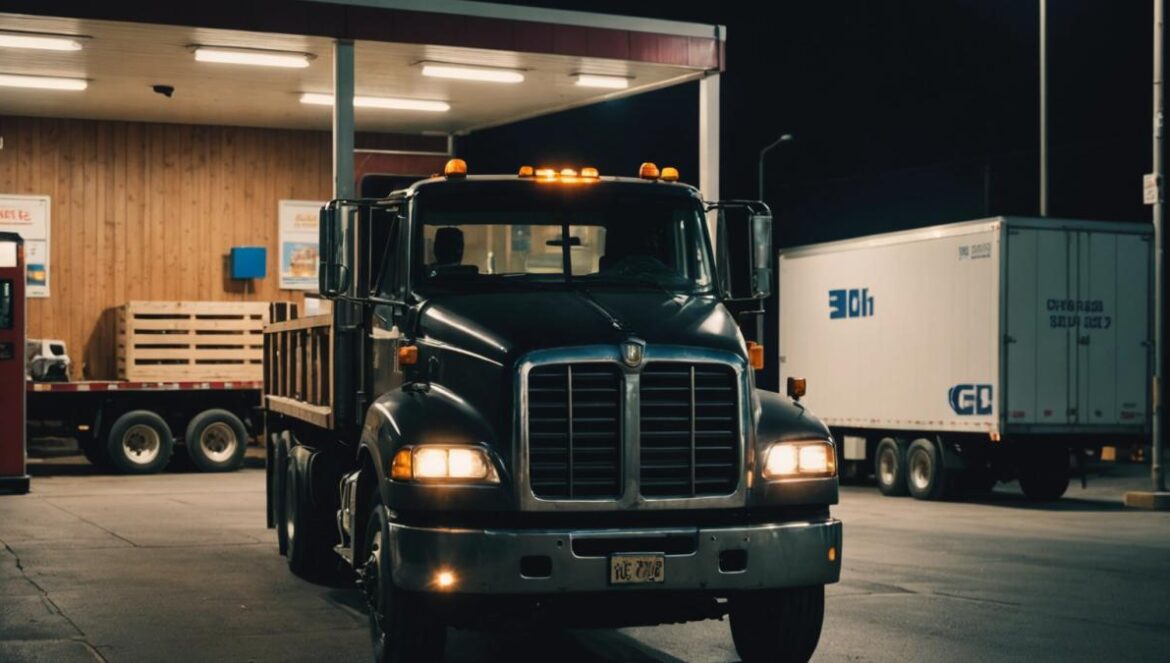 Nintendo Switch 2: El robo millonario que sacude el gaming desde dentro A photorealistic editorial image showing a truck parked at a gas station at night, with its trailer doors open and empty wooden pallets inside, police lights reflecting on the scene, a shocked truck driver in the foreground, security cameras nearby, moody lighting with a sense of urgency. Main subject—the open, empty truck—centered and in sharp focus.