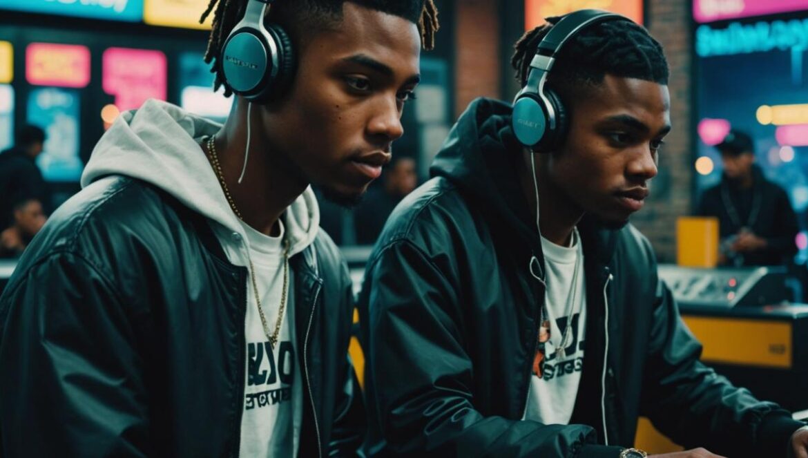 YL y Subjxct 5 están reescribiendo el rap East Coast (sin vivir del pasado) Two stylish young rappers in an urban setting, one with headphones and the other at a mixing console, photorealistic editorial style, moody lighting with neon accents, subtle background details like subway tiles and a city skyline at dusk, main subjects centered and sharply in focus, modern streetwear and hip-hop vibes.