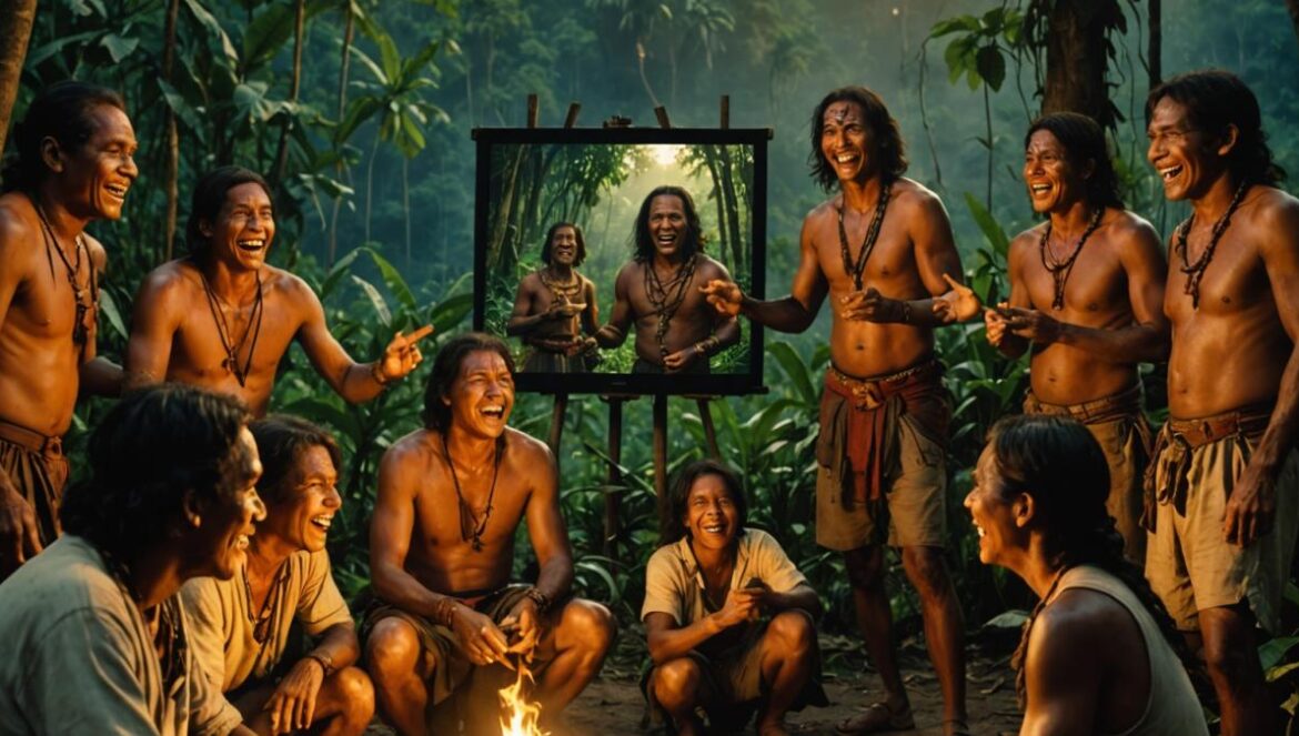 A photorealistic editorial image showing a group of indigenous Amazonian villagers, gathered outdoors at dusk around an improvised projection screen. They are laughing and pointing at the screen, where a scene from an old Italian cannibal horror movie is playing. In the background, lush jungle trees frame the clearing. The mood is joyful and surprising, with warm lighting illuminating the villagers' faces. The main subject—a laughing elder in traditional attire—is centered and in sharp focus, while the rest of the group forms a lively semi-circle around them. Clean composition suitable for an online culture magazine.