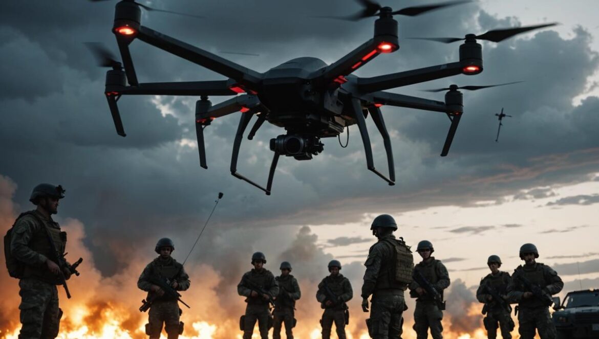 Drones Shahed: de arma barata a enjambres con IA que están reescribiendo la guerra en Ucrania A photorealistic editorial-style image of a large, black-coated Shahed drone being launched at dusk from a secret military base. The main subject—the drone—should be centered and sharply in focus as it lifts off, surrounded by soldiers in modern camouflage gear with digital tablets. The environment is tense, with dark clouds and artificial lighting highlighting the action. In the background, hints of destroyed urban buildings signal the war context, but the main focus remains on the technological sophistication of the drone. Clean composition, dramatic but realistic lighting.
