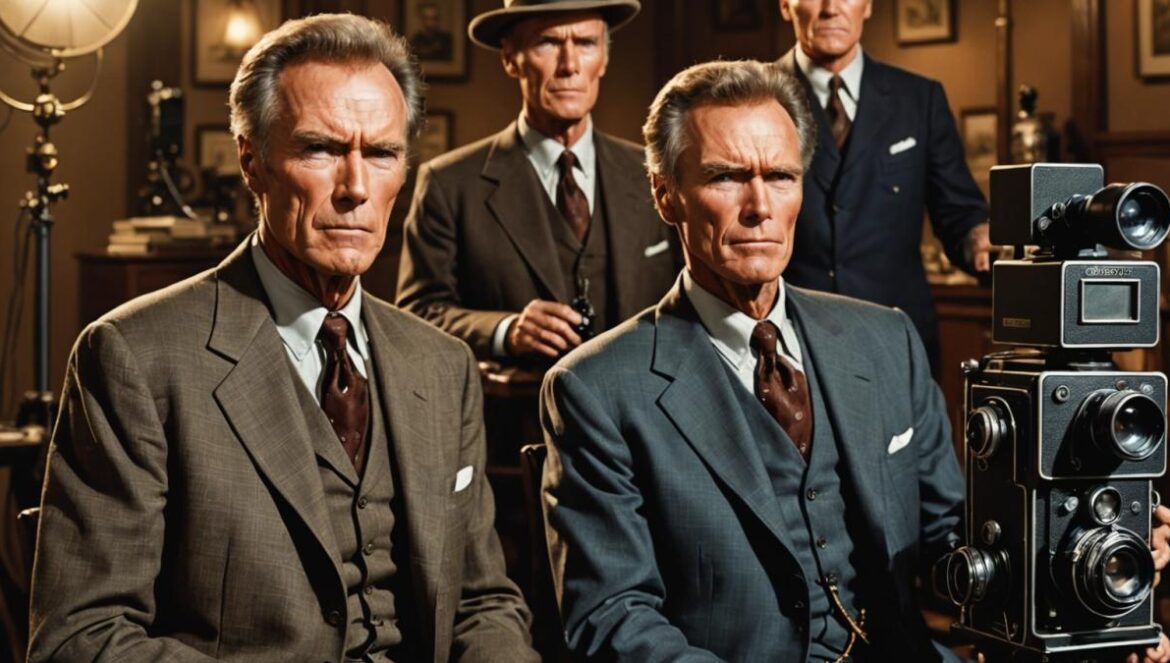 El único actor que Clint Eastwood idolatra (y no es quien imaginas) An elderly Clint Eastwood and a vintage-era James Cagney side by side, both on a dimly lit Hollywood film set, photorealistic editorial style, warm spotlight illuminating their faces, with classic film props (like old cameras and director’s chairs) around them. Main subjects are clearly centered and in sharp focus, evoking admiration and legacy.