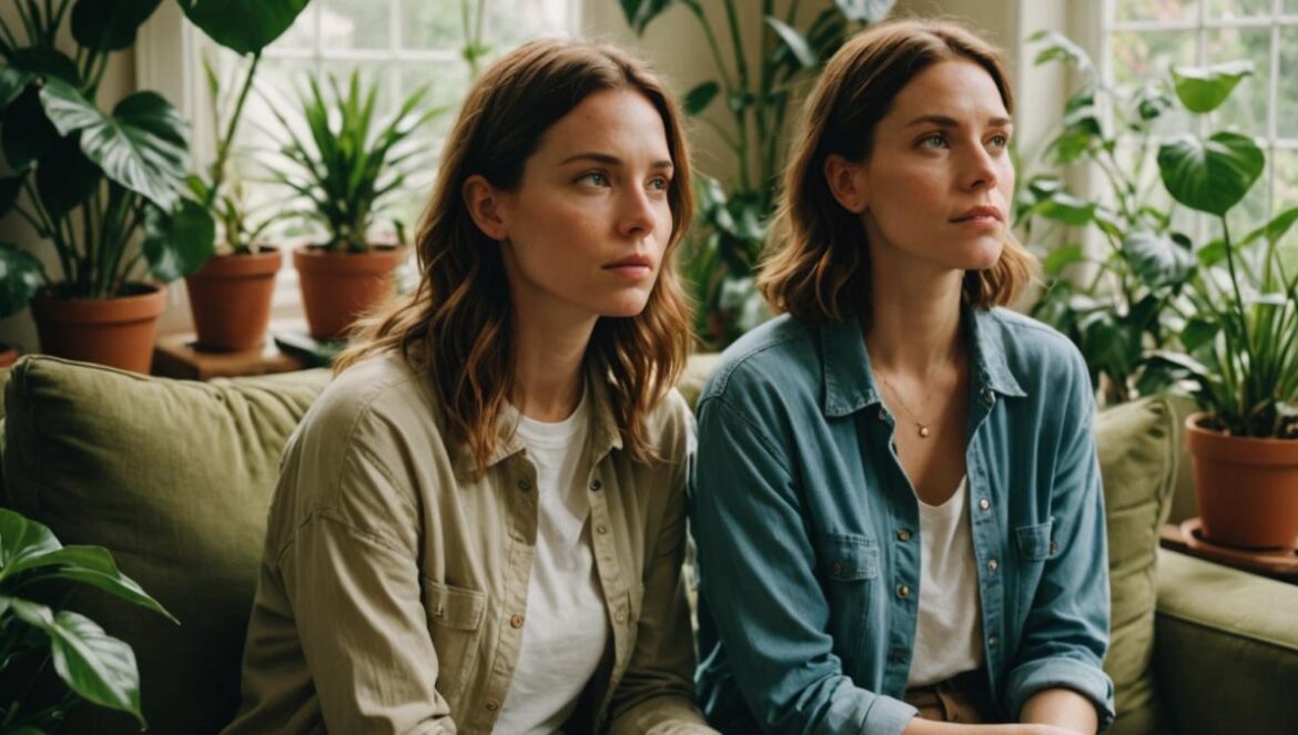 Ginny & Georgia regresa con todo: drama, salud mental y maratones conscientes Two women, one in her early thirties and one in her late teens, sitting on a cozy living room couch surrounded by lush green houseplants, both looking pensive yet hopeful, photorealistic editorial style, soft natural lighting streaming through a window, subtle emotional tension in their expressions, warm color palette, the main subjects centered and sharply in focus.