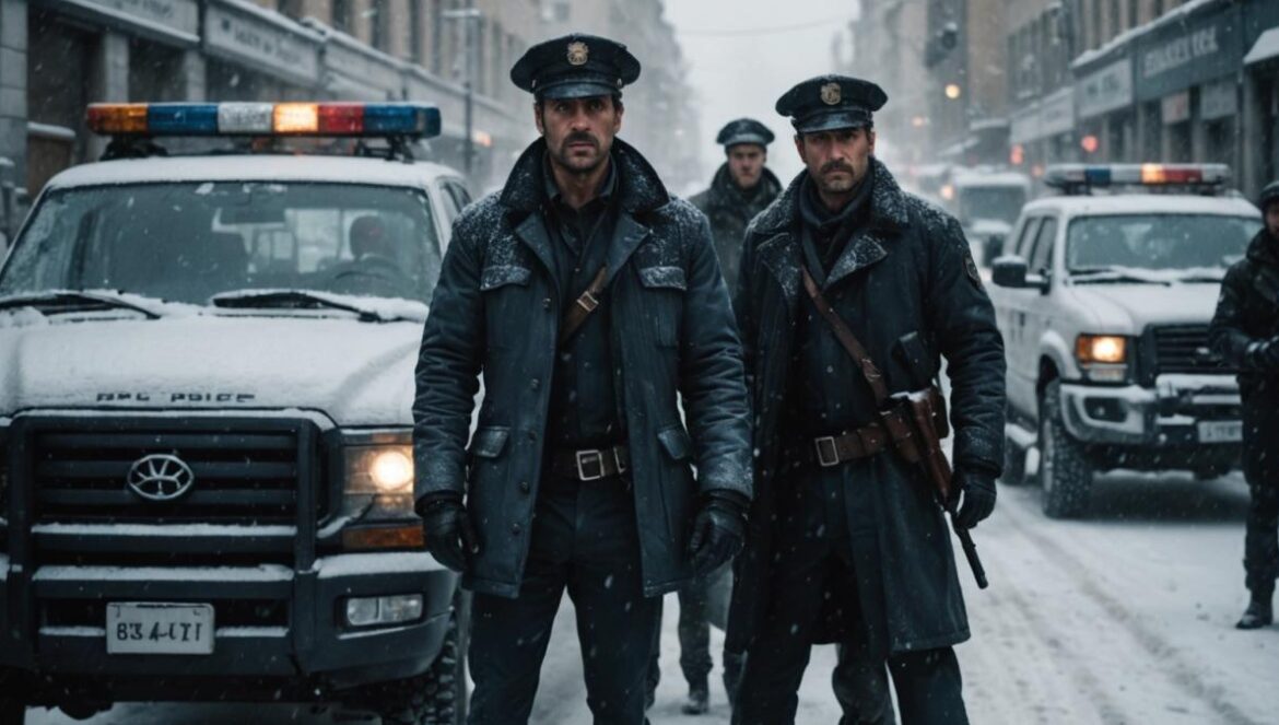 Tormenta, atraco y Resines: por qué “Mikaela” arrasa en Netflix pese a las críticas A group of Spanish actors portraying police and thieves, standing in a snowstorm traffic jam beside an armored truck, photorealistic editorial style, dramatic winter lighting, icy roads and snow-covered vehicles as backdrop, tension visible on their faces, main cast centered and sharply in focus for a cinematic look.