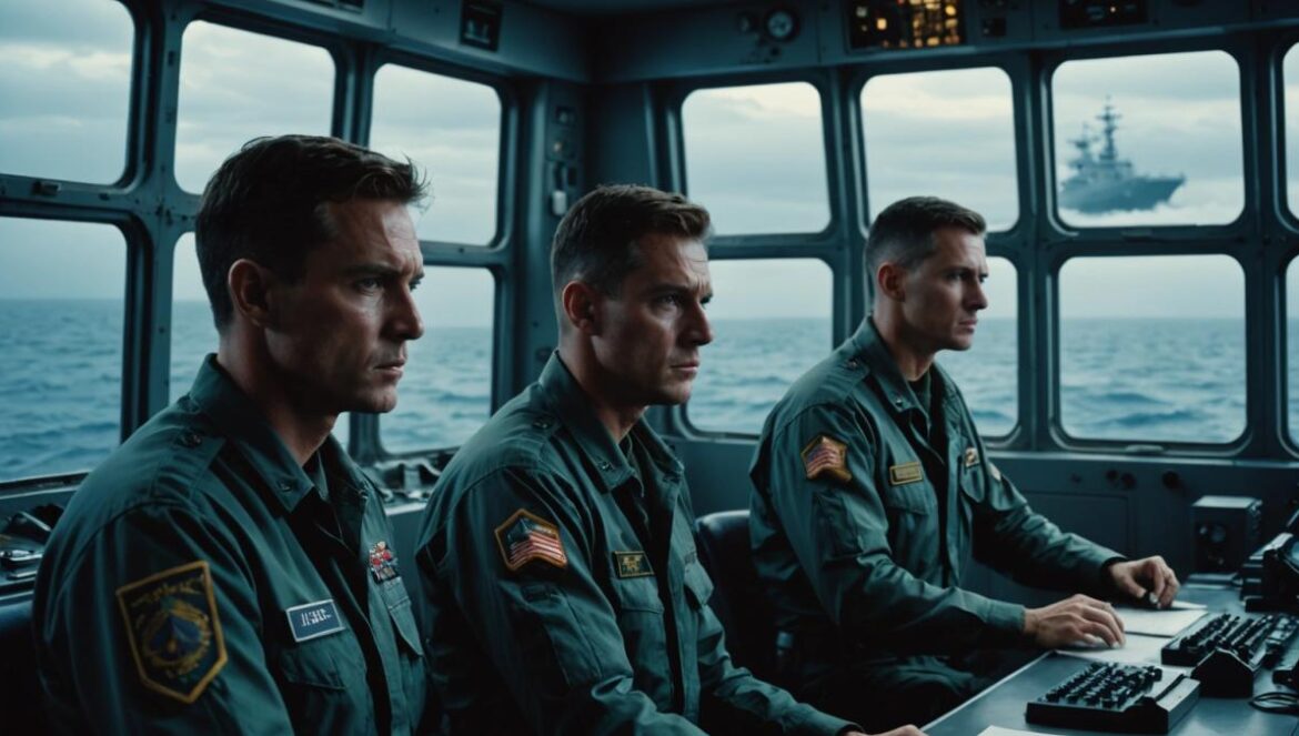 Last Contact: la distopía acuática que te hace dudar si ya empezó el fin del mundo A tense group of four military personnel inside a small, high-tech outpost surrounded by endless ocean, photorealistic editorial style, dramatic low lighting with subtle blue tones reflecting the water, expressions of uncertainty and suspense on their faces, a radar screen glowing at the center, realistic ocean waves visible through reinforced windows, all subjects centered and in sharp focus.