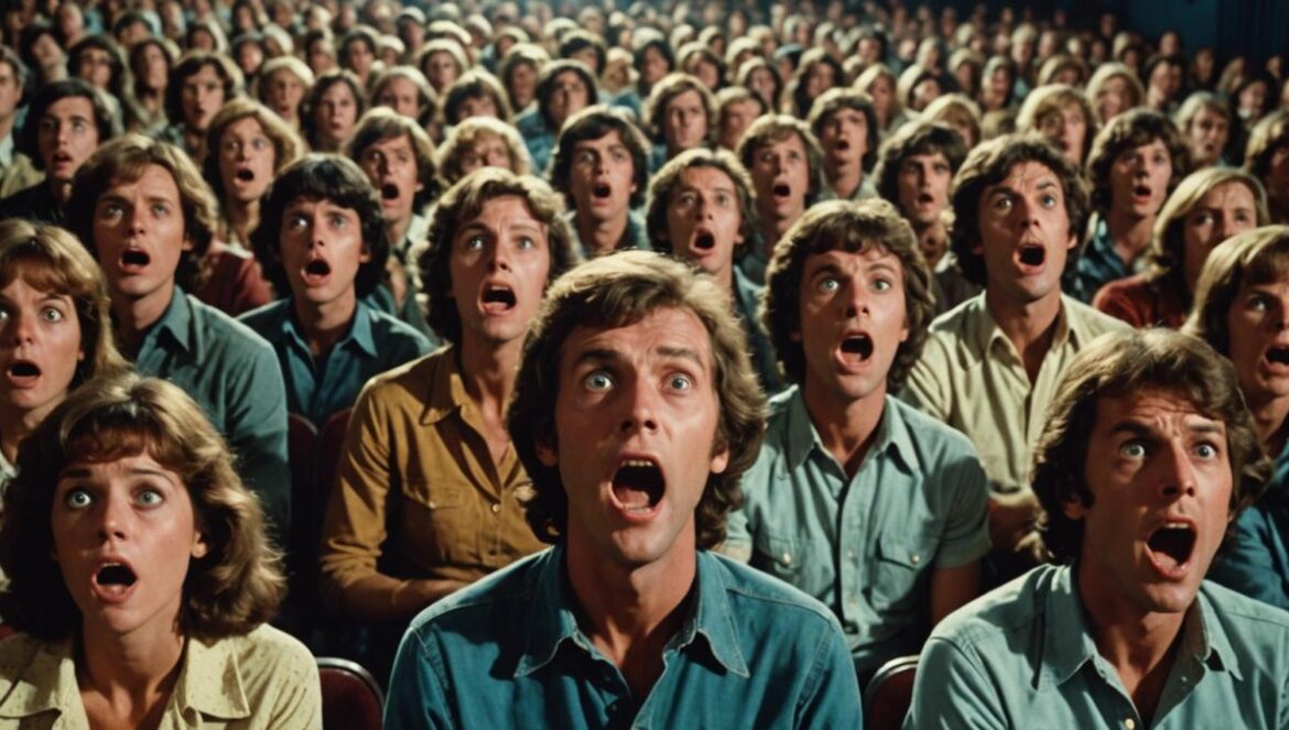Alien: el estreno de 1979 que hizo huir a la gente del cine (y cambió la sci-fi para siempre) A crowded cinema in the late 1970s, audience members reacting in shock and awe to a terrifying scene on the big screen showing an alien creature. Photorealistic editorial style, warm vintage lighting, clear focus on viewers' expressive faces (some covering their eyes, others screaming), retro theater seats and décor in background. Main subjects are well-centered and sharply in focus for dramatic impact.
