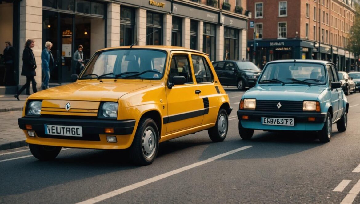 Renault 5: ¿Electrificar la nostalgia o abrazar el futuro? Two generations of Renault 5 cars, the classic 1980s model and the modern electric E-Tech, parked side by side in a vibrant urban setting, photorealistic editorial style, soft natural daylight, both vehicles centered and in sharp focus, city life in the background with pedestrians glancing curiously, subtle reflections on clean car surfaces highlighting their iconic designs.