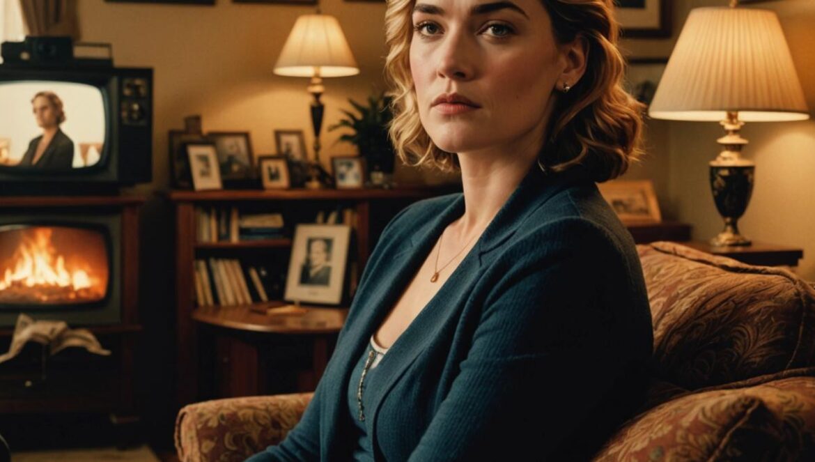 Kate Winslet no soporta verse en ‘Titanic’: ¿vergüenza o legado emocional? Kate Winslet seated in a cozy, softly-lit living room filled with film posters and vintage decor, turning away from a television screen showing a scene from Titanic, photorealistic editorial style, reflective mood, her expression mixed between nostalgia and discomfort, main subject clearly centered and in focus, clean background with subtle movie memorabilia.