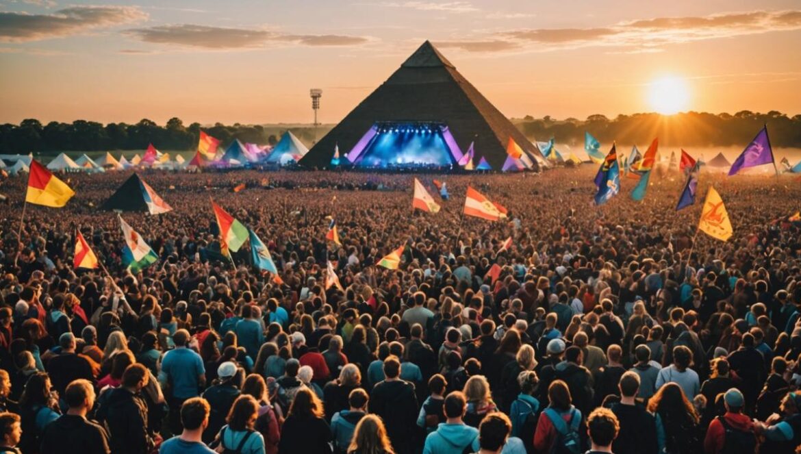 Glastonbury 2025 vibra entre pasado y futuro A massive outdoor music festival at sunset in Somerset, England, with the iconic Pyramid Stage centered and a diverse crowd of festivalgoers in colorful outfits, flags waving, and artists performing. Editorial photorealistic style, vibrant atmosphere with stage lights illuminating the field, clear focus on the main stage and lively audience, clean background emphasizing the scale and energy of Glastonbury.