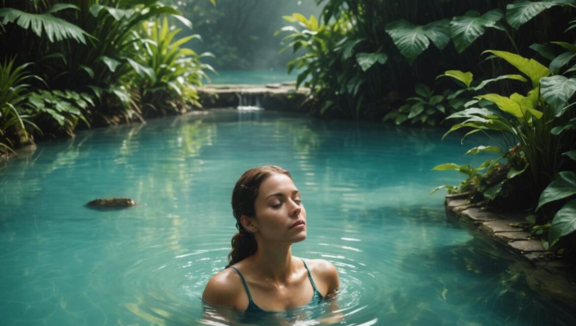 Guadalajara como nunca la viste: 4 rincones ocultos para reconectar y respirar profundo A serene scene of a turquoise thermal pool surrounded by lush endemic vegetation, with soft morning light. In the center, a young woman relaxes in the steaming water, eyes closed and slight smile, exuding peace. Editorial photorealistic style, fresh green tones and mist rising from the surface, clear focus on the main subject, tranquil atmosphere, with subtle details like rocks and wildflowers at the edges. The background is clean and natural to emphasize the intimate connection with nature.