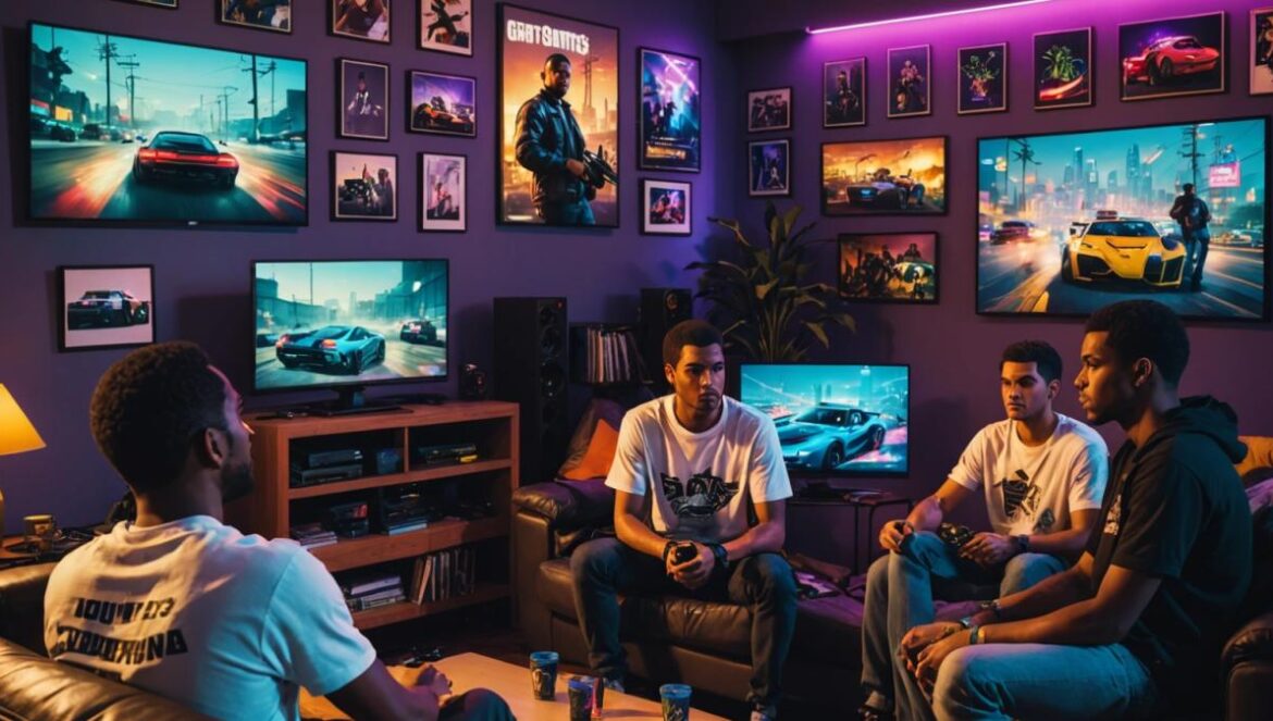GTA Online Money Fronts: ¿La actualización más ambiciosa o puro humo? A group of diverse young gamers intensely focused on playing GTA Online in a cozy modern living room at night, illuminated by neon lights and gaming monitors, with posters of Los Santos and classic cars on the walls, editorial photorealistic style, main subject centered with visible game controllers and energy drinks, vibrant mood with subtle cityscape details in the background.