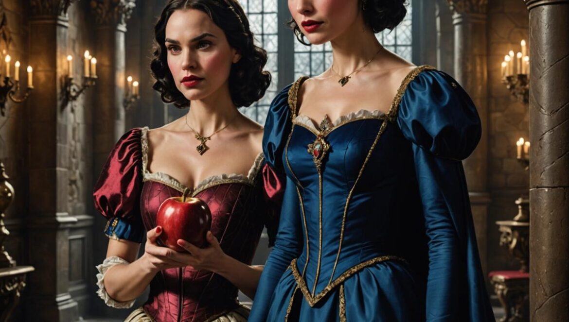 Schneewittchen en Disney+: ¿Renace la magia o se desvanece el hechizo? Rachel Zegler as Snow White and Gal Gadot as the Evil Queen, in an ornate castle hallway, photorealistic editorial style, dramatic lighting with deep shadows and rich colors, both actresses centered and in sharp focus, Rachel Zegler holding a symbolic red apple while Gal Gadot stands behind her with a stern gaze, luxurious costumes and magical atmosphere.