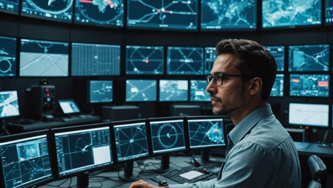 De Ucrania al espacio: cómo la guerra Israel-Irán inaugura la era de los misiles orbitales y la defensa exoatmosférica A high-tech control room with large digital screens showing live satellite maps and missile trajectories, a diverse team of engineers (including a Latin American man in his early 30s with glasses, casual tech style) actively monitoring, photorealistic editorial style, modern lighting, sleek gadgets and military tech details in the background, center-focused composition with the main subject sharply in focus at the desk.