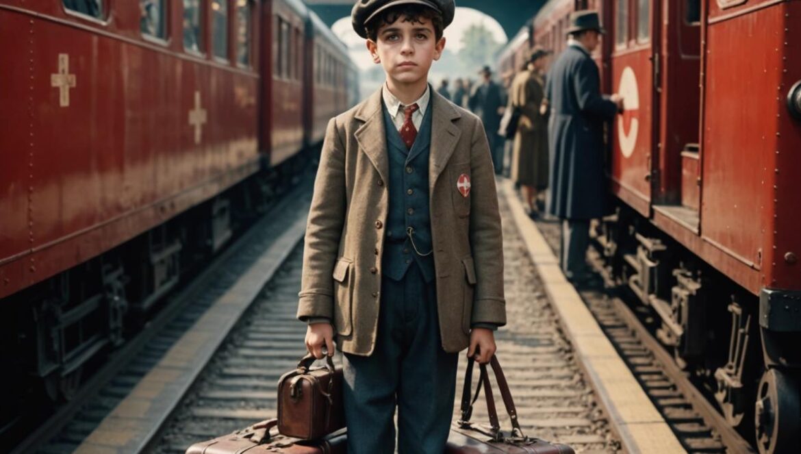 ‘El tren italiano de la felicidad’: la película que hizo llorar a medio mundo en Netflix A young Italian boy in the late 1940s, dressed in vintage clothes, standing on a busy train platform with an old suitcase, surrounded by anxious families and Red Cross volunteers, photorealistic editorial style, soft morning light with a nostalgic atmosphere, clear focus on the boy centered in the image, subtle background of steam trains and period details.