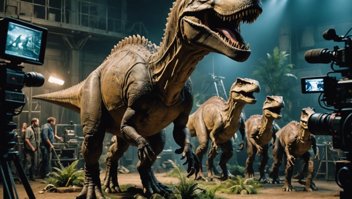 Jurassic World 2: ¿Por qué costó más que Avatar y aún dividió al público? A large-scale movie set featuring animatronic dinosaurs and bustling film crew members, photorealistic editorial style, vibrant lighting highlighting high-tech equipment and dynamic action, the main T-Rex animatronic well-centered and in sharp focus with cameras and monitors around, modern production environment with visible budget scale.