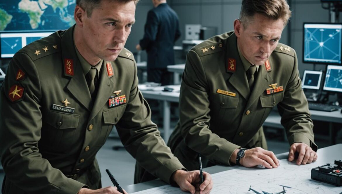 Rusia, Corea del Norte y drones letales: ¿el eje hacker que redibuja el mundo? Two military engineers, one Russian and one North Korean, collaborating over blueprints of Shahed drones and ballistic missiles in a high-tech, secure facility. Photorealistic editorial style, focused central composition with technical equipment and drone models on the table. Neutral lighting highlighting their serious expressions, digital maps in the background showing Ukraine and East Asia. Atmosphere is tense yet collaborative, main subjects sharply in focus.
