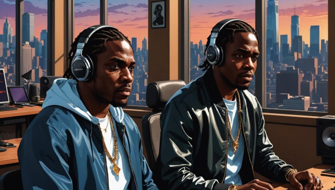 Pusha T vs Travis Scott: la traición que encendió el rap antes del nuevo álbum de Clipse Two famous rappers in a tense, luxurious recording studio, photorealistic editorial style, one seated with a stern look (representing Pusha T), another standing, animated and mid-gesture (representing Travis Scott), Parisian cityscape glimpsed through large windows, evening lighting, stylish streetwear and high-end headphones on the table, dramatic and focused composition with both artists clearly centered and in sharp focus.