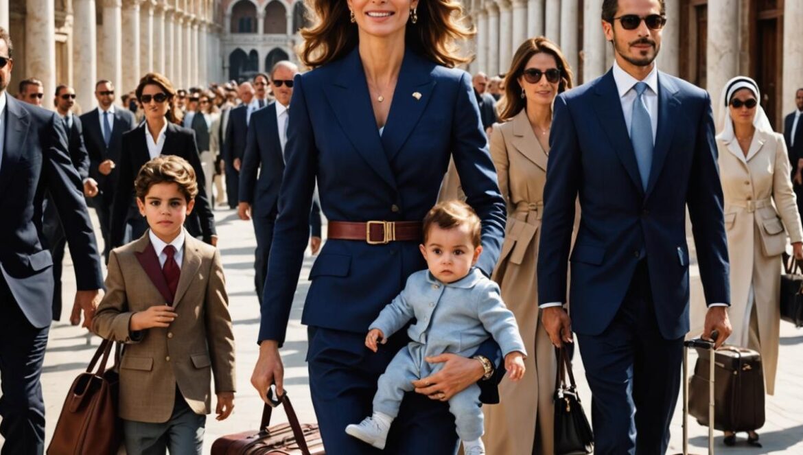 Jeff Bezos se casa en Venecia y la reina Rania roba el show: poder real, glamour y estrategia global en un mismo altar Queen Rania of Jordan elegantly dressed, walking quickly through Venice's Marco Polo Airport with her son Crown Prince Hussein carrying his baby, surrounded by royal family members and discreet security, photorealistic editorial style, early morning light, luxury travel ambiance with designer luggage and Venetian architecture in the background, main subjects clearly centered and in focus, subtle sense of urgency.