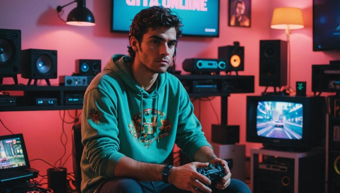 GTA Online cambia sin avisarte: lo que esconde la última update invisible A photorealistic editorial image of a young Spanish gamer (mid-20s) sitting in a stylish apartment, surrounded by retro and modern gaming consoles, focused intently on a monitor displaying the GTA Online interface. The room is lit with soft neon lighting, subtle Rockstar and GTA memorabilia in the background, center-focused composition, professional clean look.