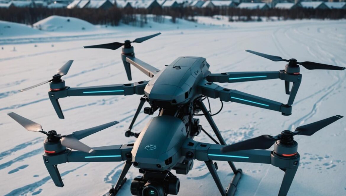 Drones letales y IA sin control: la guerra invisible que ya está cambiando el mundo A close-up of a modern military drone flying above a snowy battlefield near Moscow, photorealistic editorial style, dramatic lighting with cold blue tones, the drone's intricate components visible—autonomous navigation systems, high-grade materials—and hints of fiber optic cables. In the background, distant silhouettes of other drones and faint city lights. The main drone is well-centered and sharply focused for a professional, buzzworthy look.
