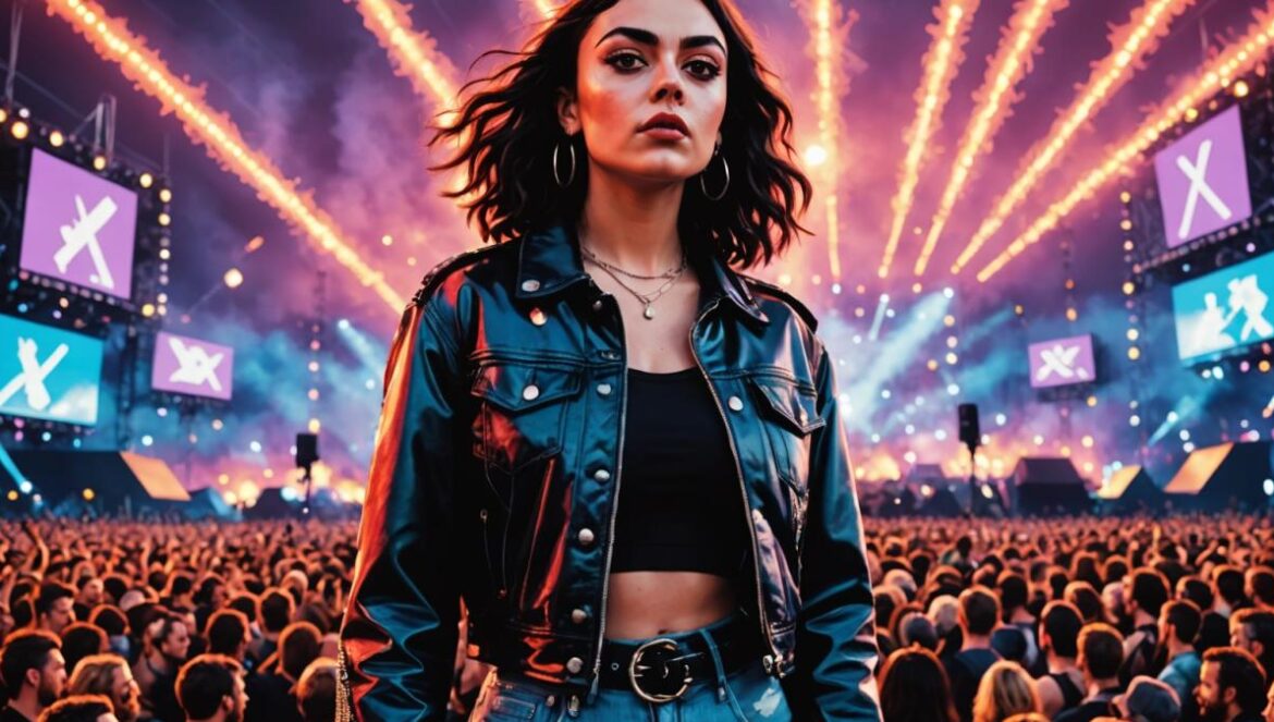 Charli XCX en Glastonbury: el show con autotune que dividió generaciones y reescribió las reglas del pop Charli XCX standing confidently alone on a large Glastonbury festival stage, vibrant LED lights and smoke effects, thousands of excited fans in the crowd, photorealistic editorial style, dusk lighting with colorful spotlights, Charli holding a microphone with an assertive expression, main subject well-centered and sharply focused, dynamic festival atmosphere.